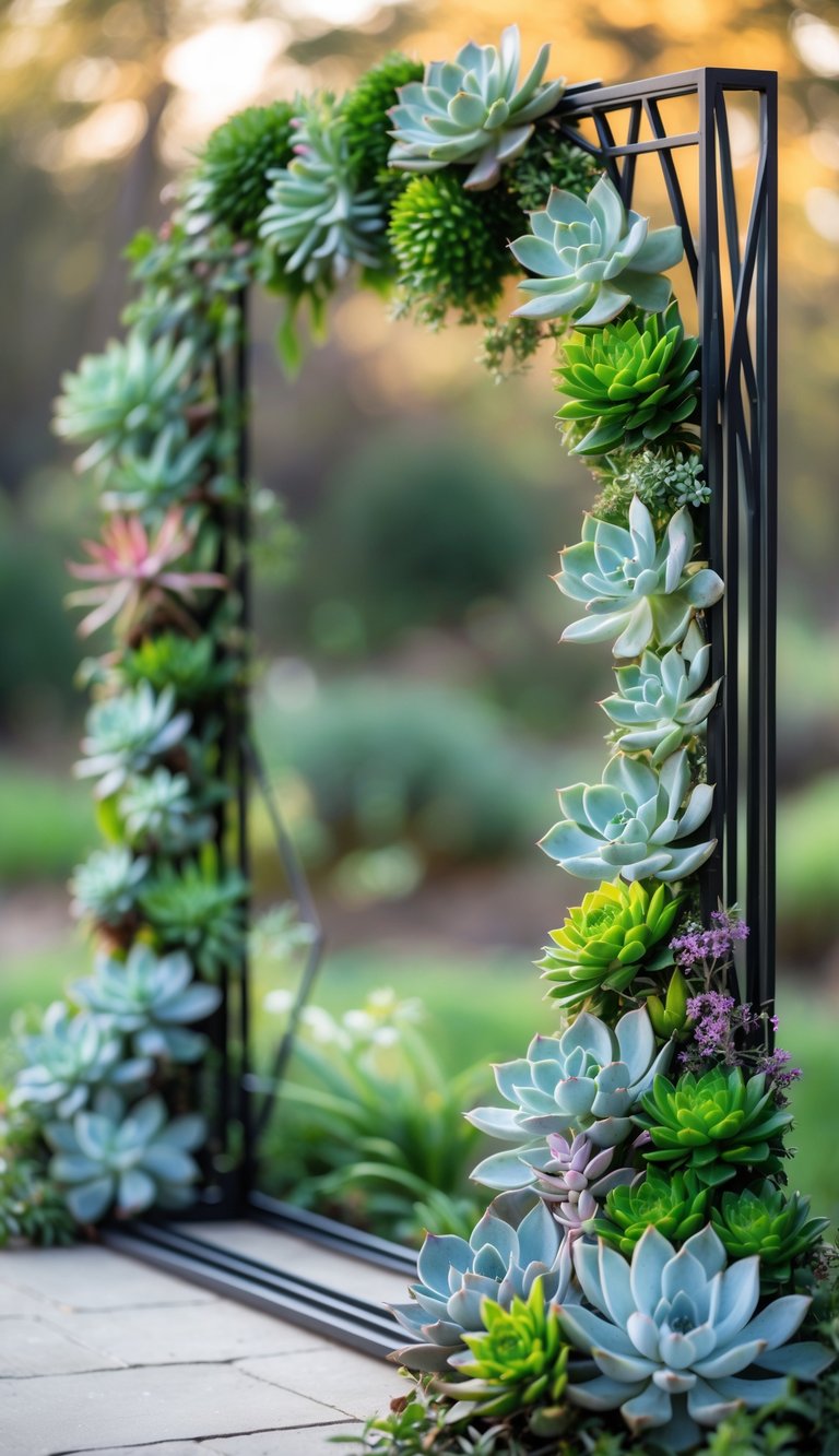 A geometric metal wedding altar decorated with various green succulents outdoors.